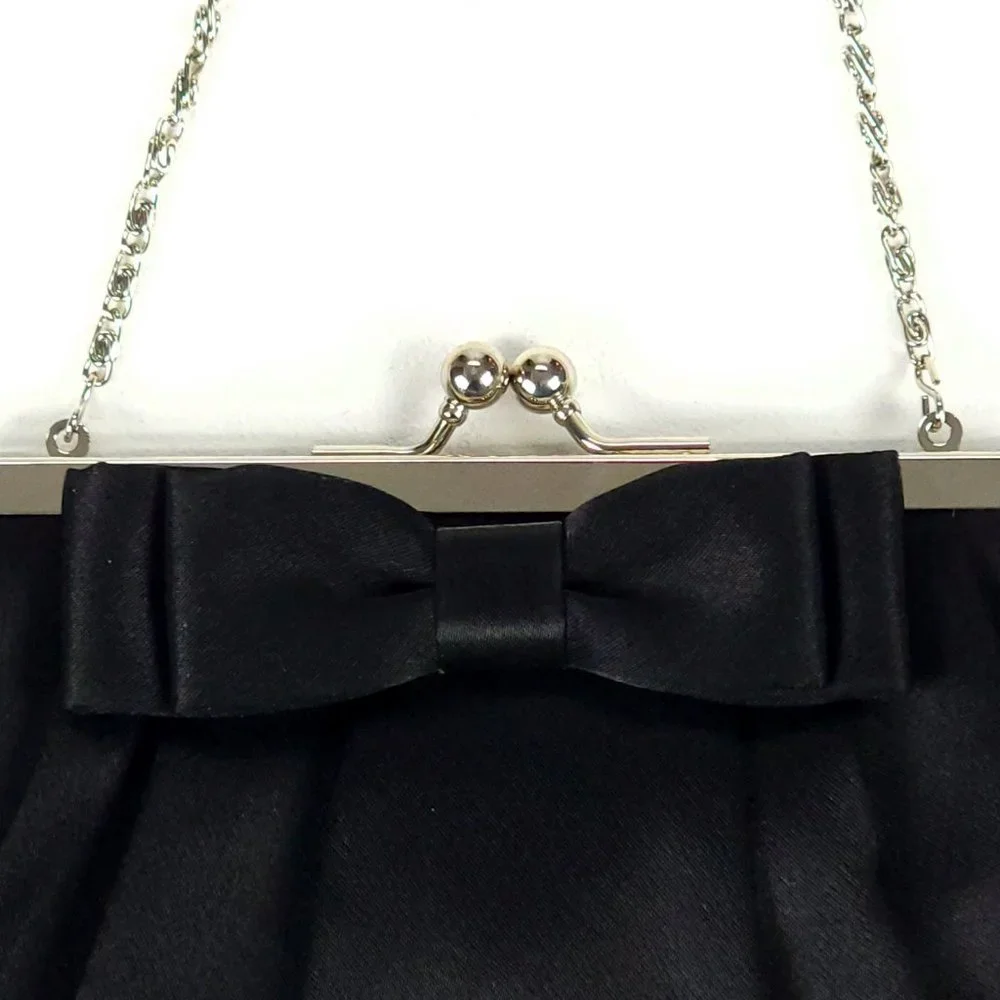Sasha New‎ York Black Satin Bow Evening Clutch Bag Silver Chain Kiss Lock
